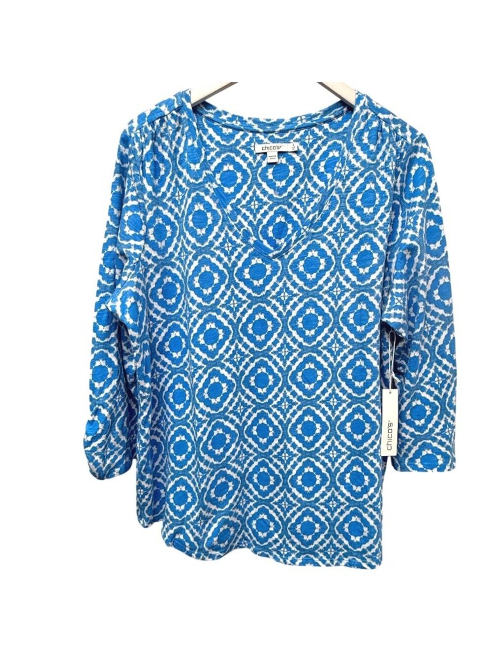 CHICOS Ikat Print Tee Womens XL Blue White 3/4 Sleeve Slub Knit Boho Top NWT